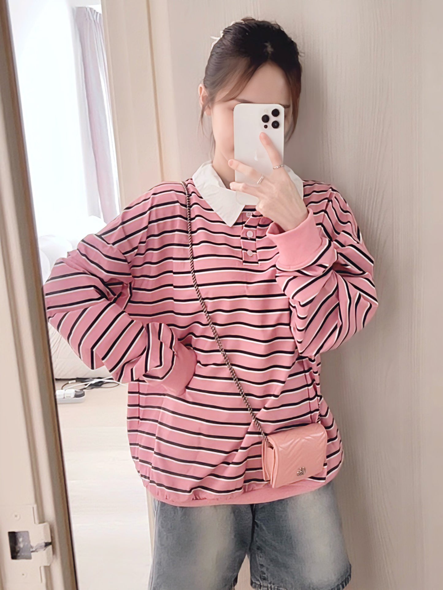 STRIPED POLO SWEATSHIRT- PINK