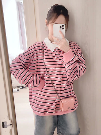 STRIPED POLO SWEATSHIRT- PINK