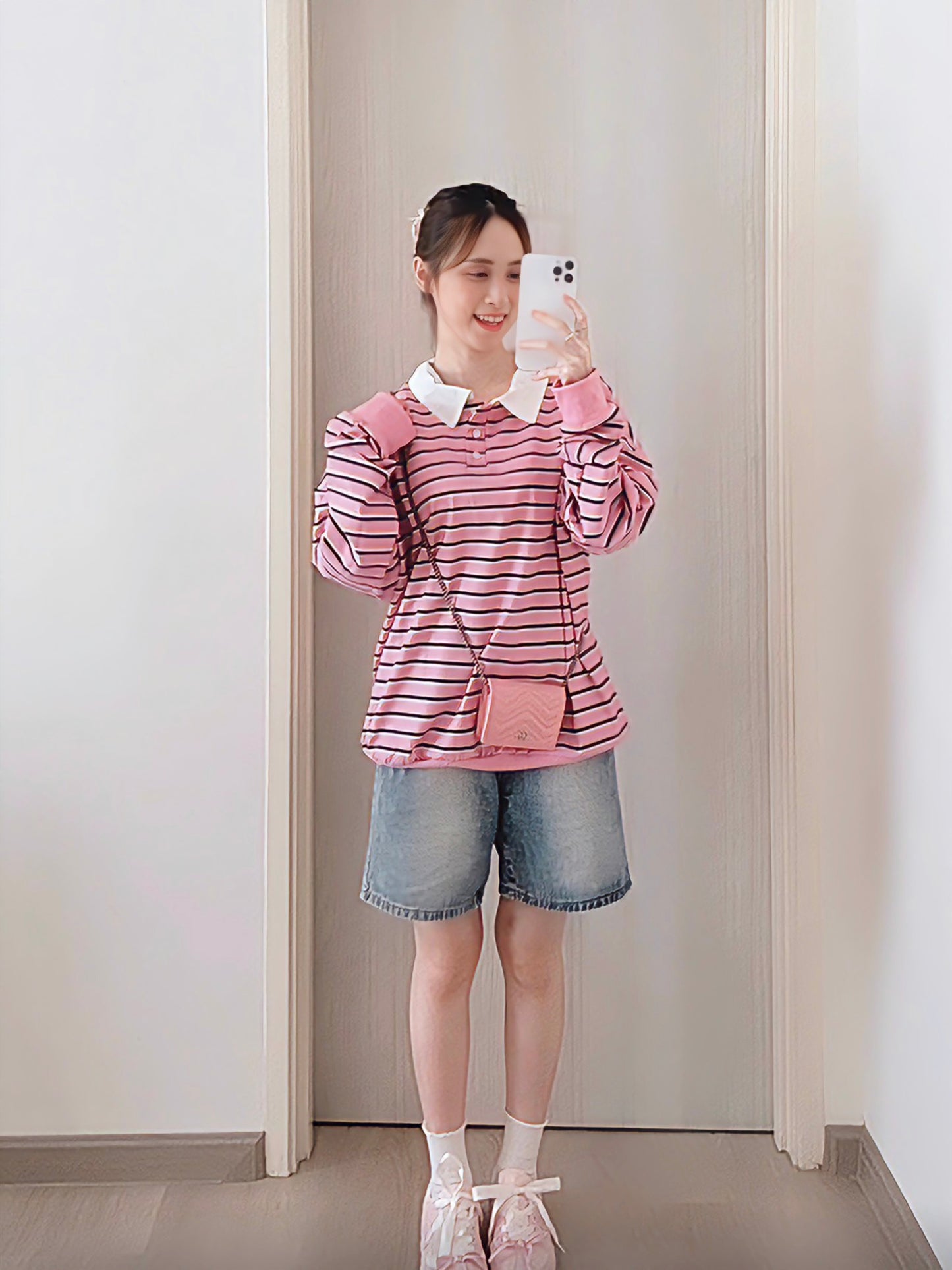 STRIPED POLO SWEATSHIRT- PINK