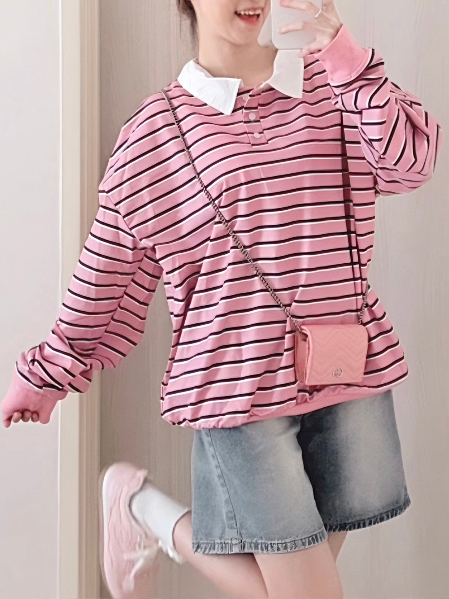 STRIPED POLO SWEATSHIRT- PINK