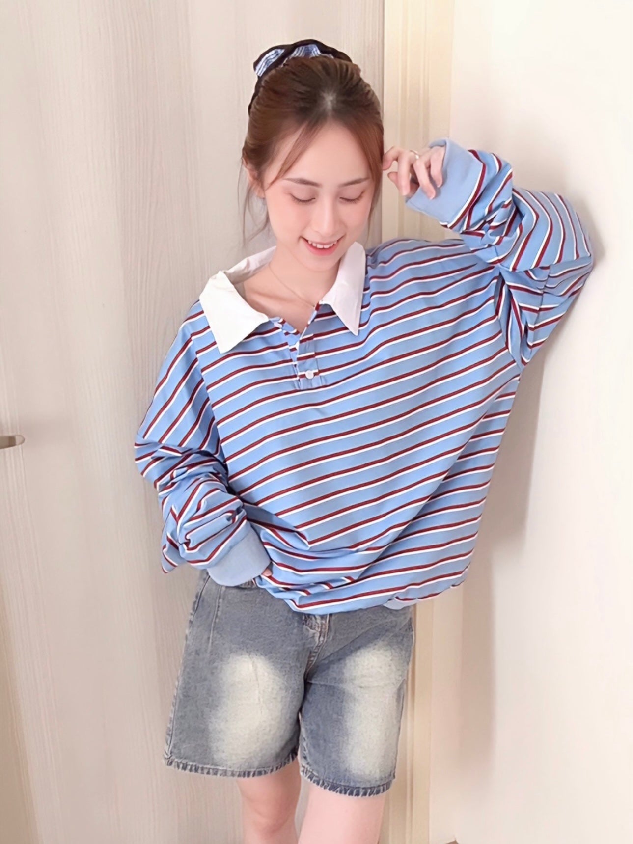 STRIPED POLO SWEATSHIRT- BLUE