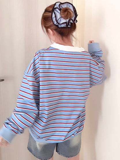 STRIPED POLO SWEATSHIRT- BLUE