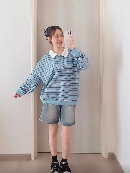 STRIPED POLO SWEATSHIRT- BLUE