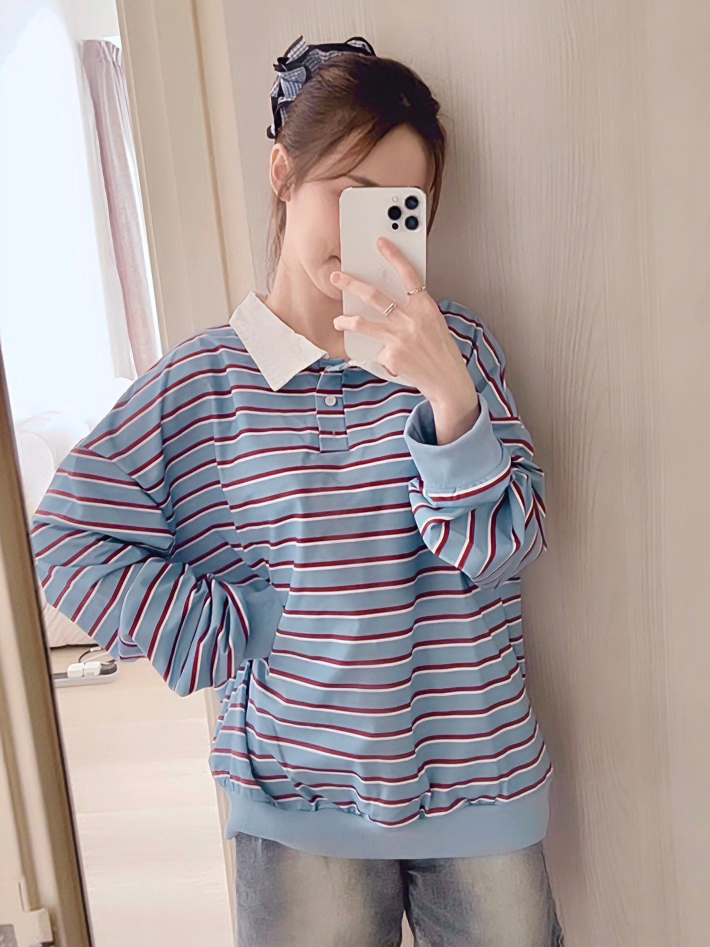 STRIPED POLO SWEATSHIRT- BLUE