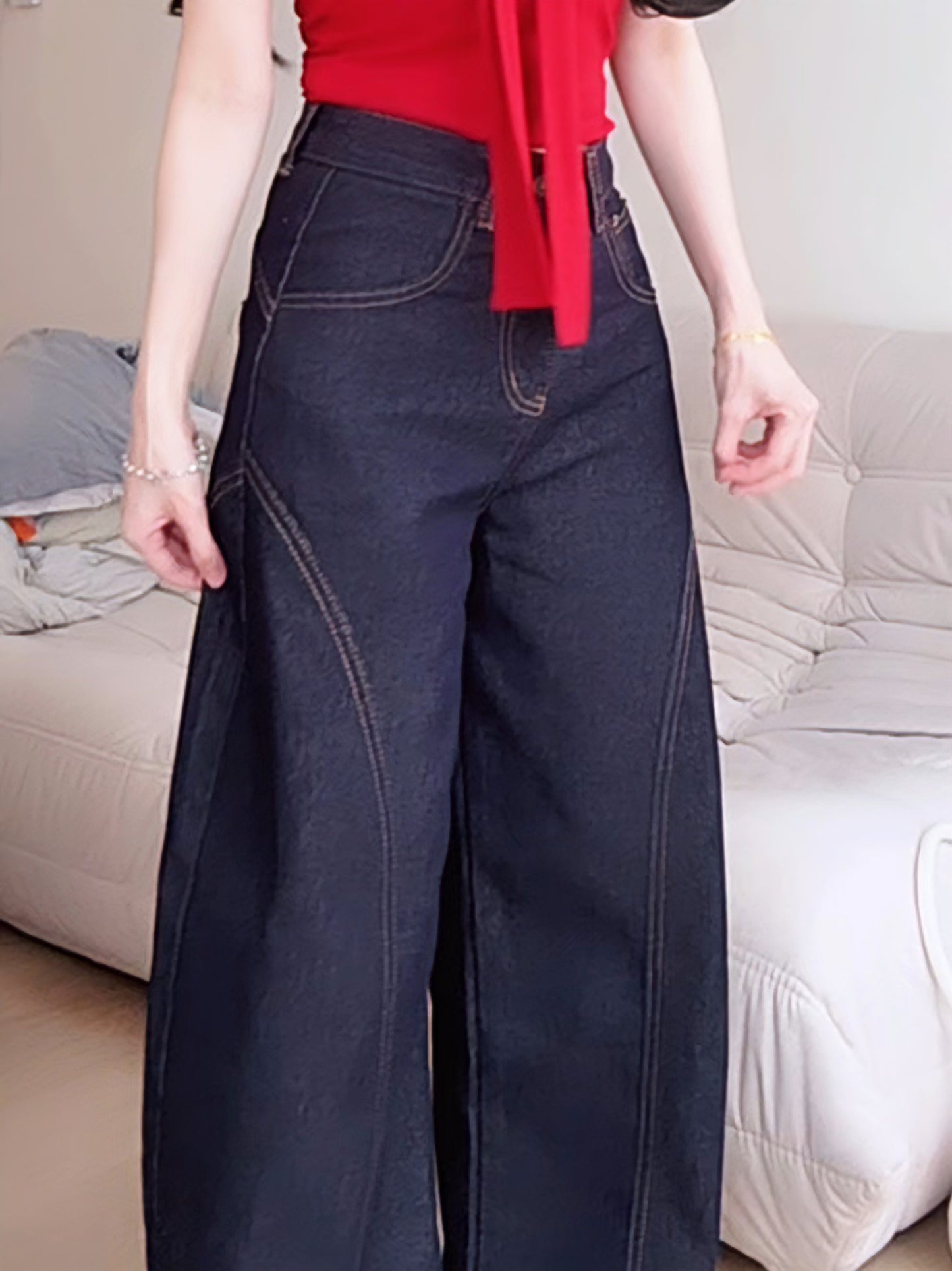 CURVE-CUT TAPERED DARK BLUE JEANS - PETITEGIRLS 小个子定制款