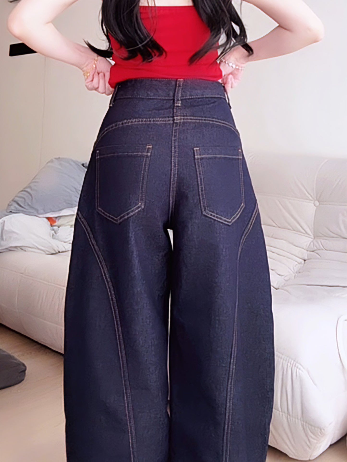 CURVE-CUT TAPERED DARK BLUE JEANS - PETITEGIRLS 小个子定制款