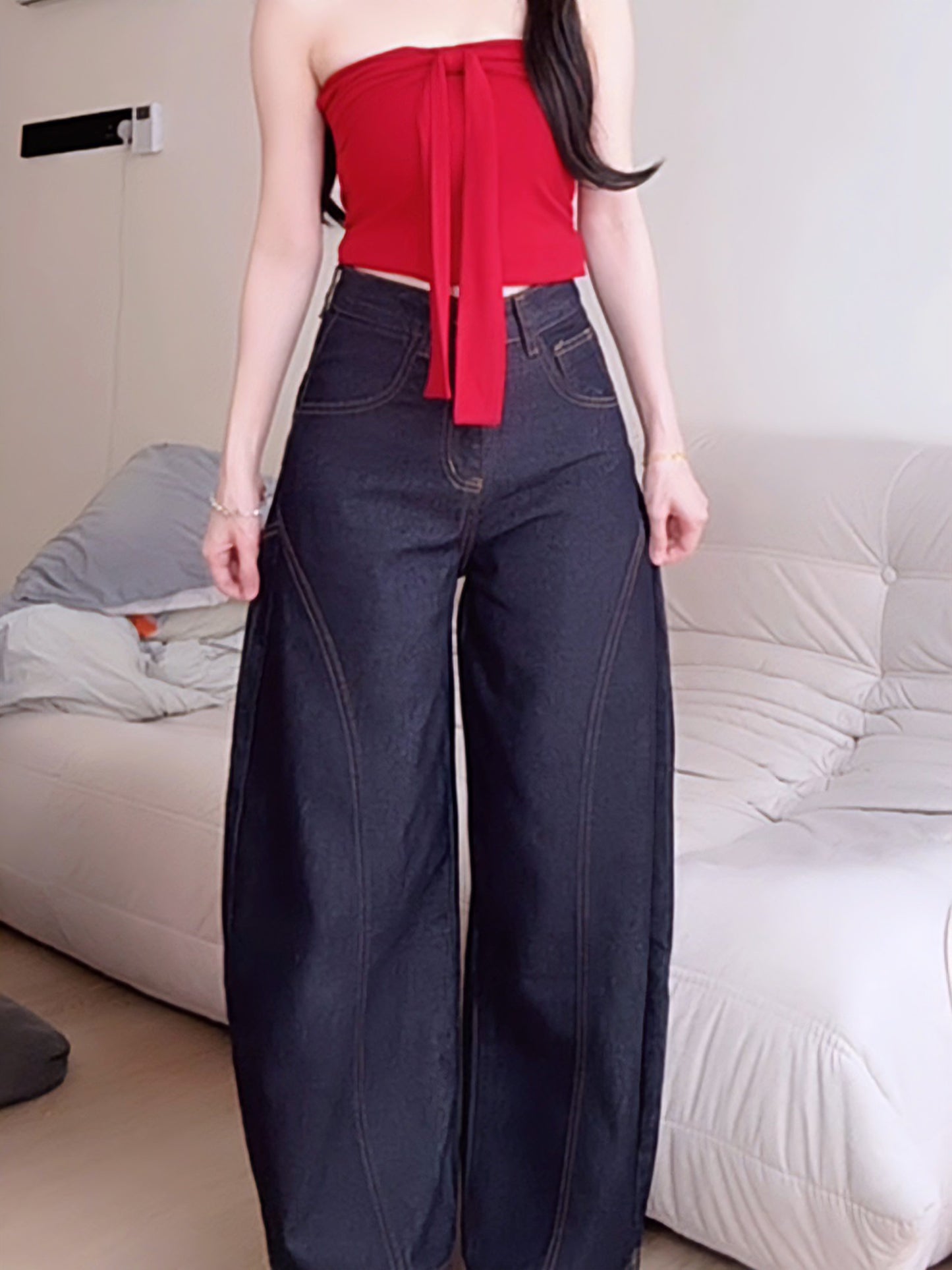 CURVE-CUT TAPERED DARK BLUE JEANS - PETITEGIRLS 小个子定制款