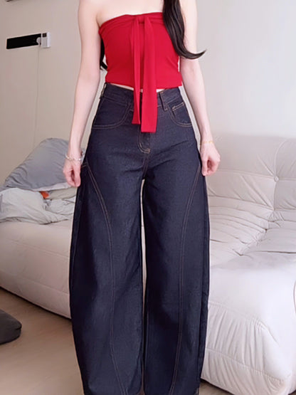 CURVE-CUT TAPERED DARK BLUE JEANS - PETITEGIRLS 小个子定制款