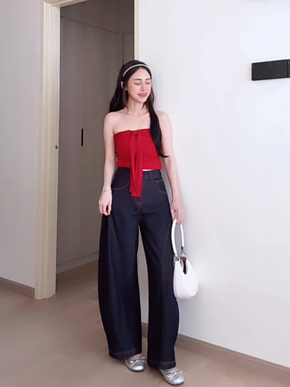CURVE-CUT TAPERED DARK BLUE JEANS - PETITEGIRLS 小个子定制款