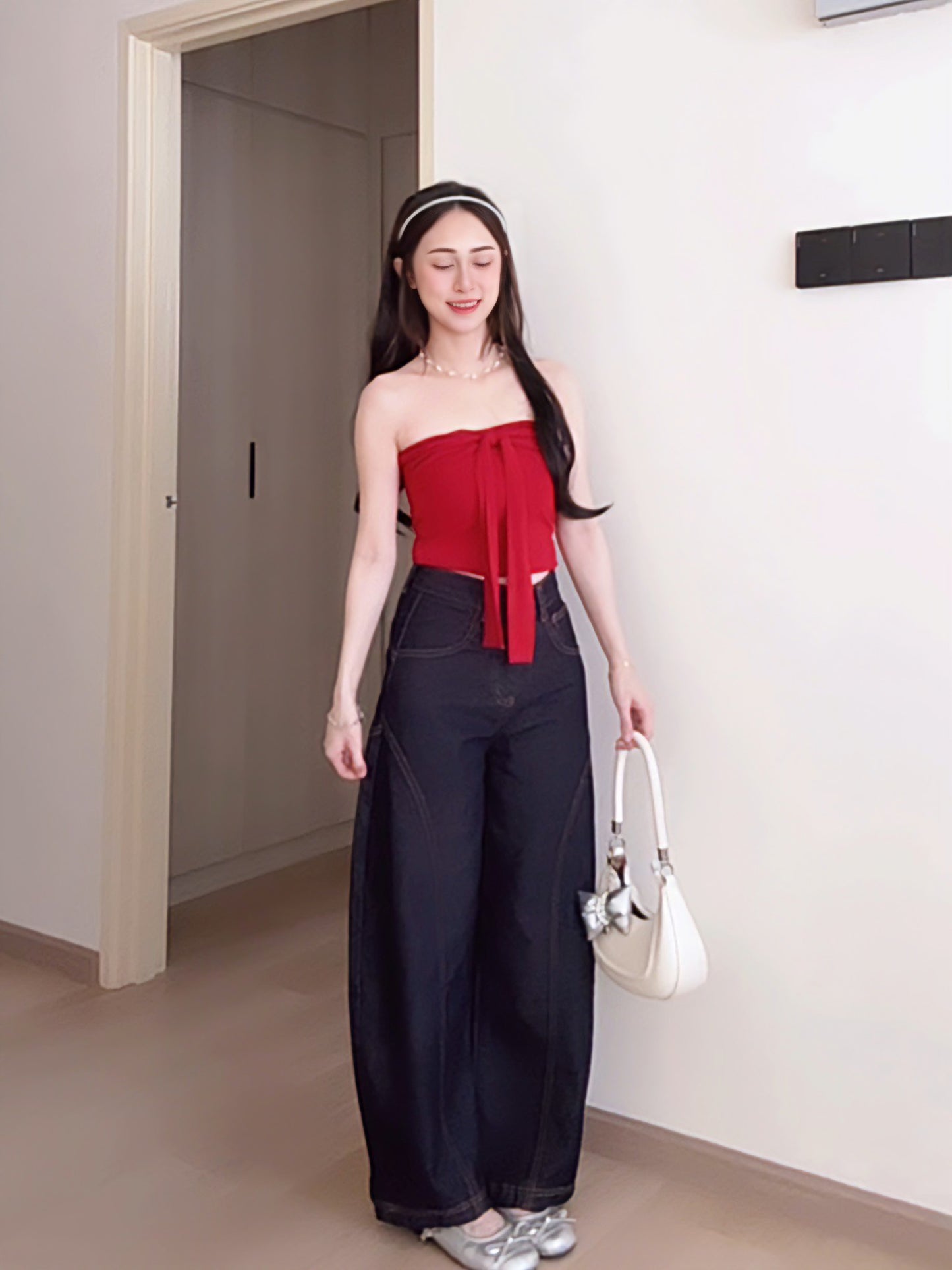 CURVE-CUT TAPERED DARK BLUE JEANS - PETITEGIRLS 小个子定制款