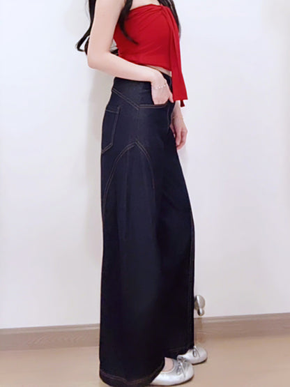 CURVE-CUT TAPERED DARK BLUE JEANS - PETITEGIRLS 小个子定制款