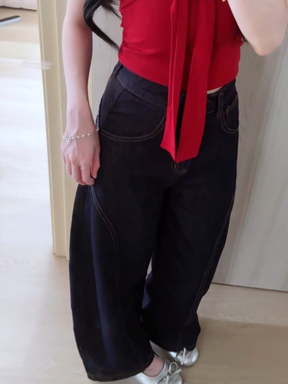 CURVE-CUT TAPERED DARK BLUE JEANS - PETITEGIRLS 小个子定制款