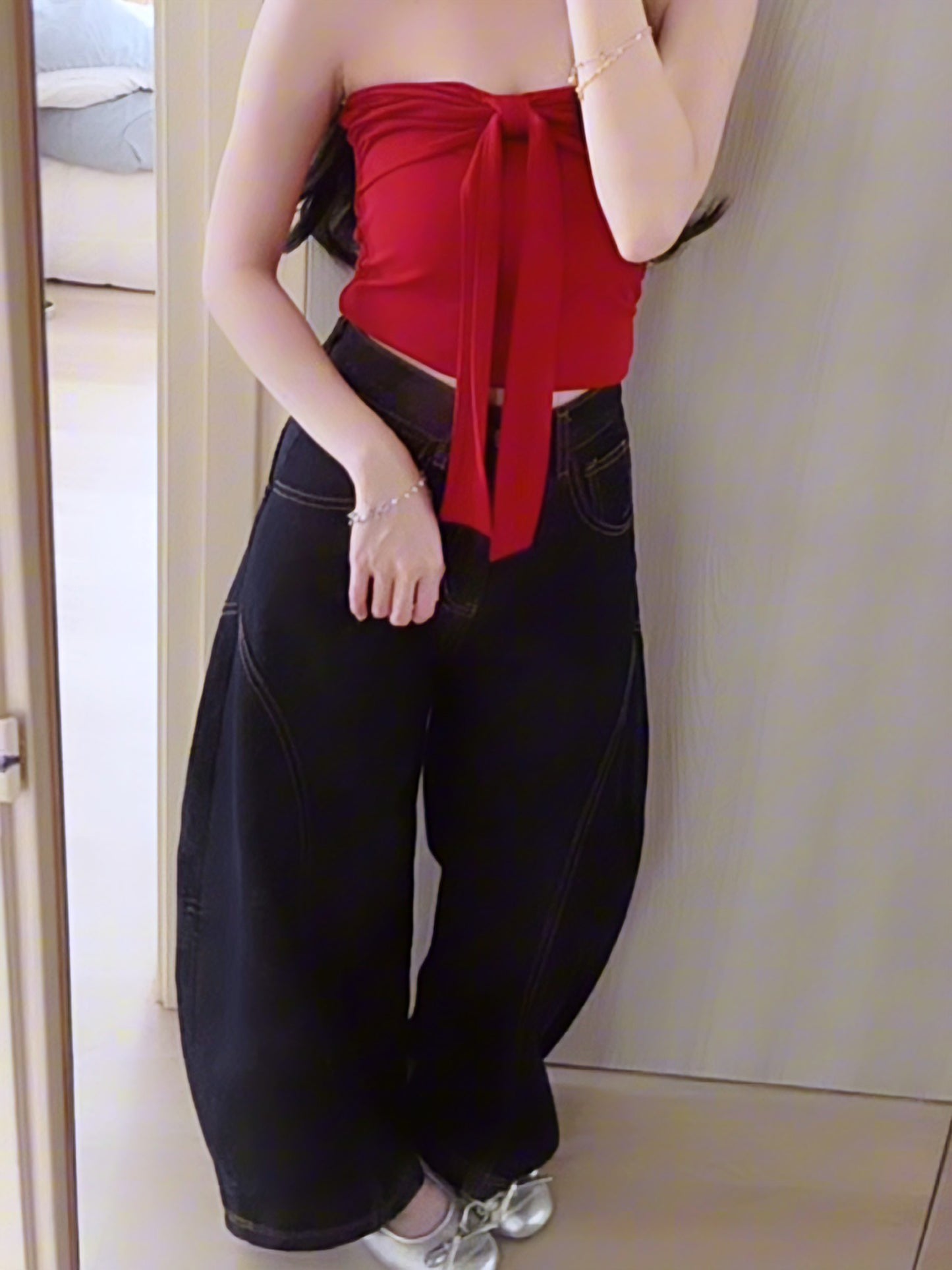 CURVE-CUT TAPERED DARK BLUE JEANS - PETITEGIRLS 小个子定制款