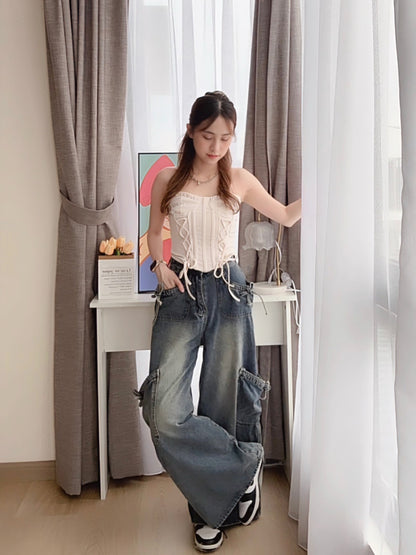 VINTAGE DENIM PANTS WITH POCKET- PETITEGIRLS 小个子定制款