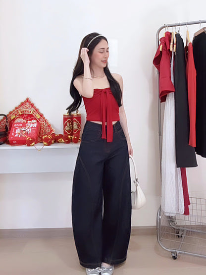 CURVE-CUT TAPERED DARK BLUE JEANS - PETITEGIRLS 小个子定制款