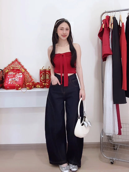 CURVE-CUT TAPERED DARK BLUE JEANS - PETITEGIRLS 小个子定制款