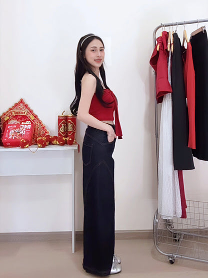 CURVE-CUT TAPERED DARK BLUE JEANS - PETITEGIRLS 小个子定制款