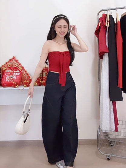 CURVE-CUT TAPERED DARK BLUE JEANS - PETITEGIRLS 小个子定制款