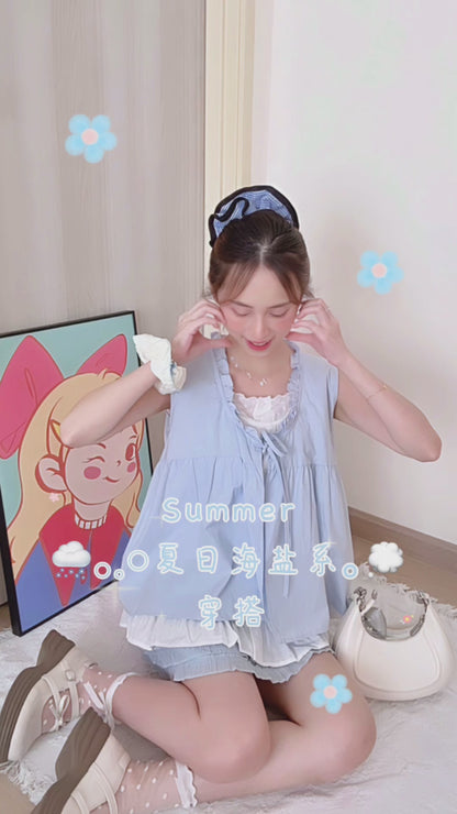 SALT BLUE LAYERED RUFFLE BLOUSE