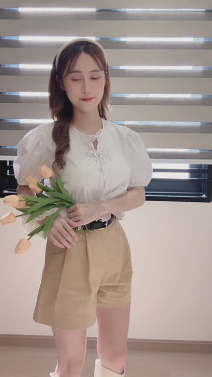 WHITE PUFF TIE BLOUSE