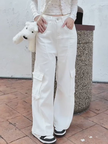 WHITE POCKET CARGO JEANS - PETITEGIRLS 小个子定制款