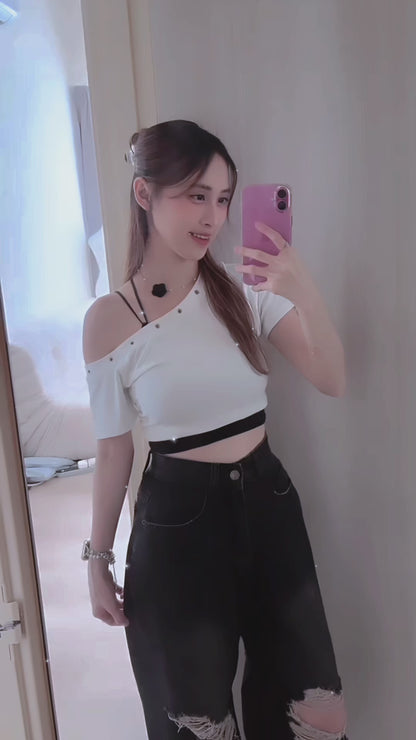 BLACK RIPPED WIDE-LEG JEANS- PETITEGIRLS 小个子定制款